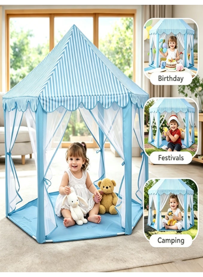 CityRiya-Long Hexagonal Kids Play Tent, Blue Striped Princess Castle Playhouse with Sheer Curtain, Large Indoor Outdoor Play Tent for Toddlers Boys Girls, Perfect Birthday Gift for Children (RE1113B) - Image 5