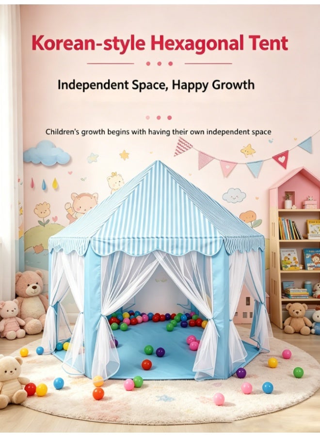 CityRiya-Long Hexagonal Kids Play Tent, Blue Striped Princess Castle Playhouse with Sheer Curtain, Large Indoor Outdoor Play Tent for Toddlers Boys Girls, Perfect Birthday Gift for Children (RE1113B) - Image 1