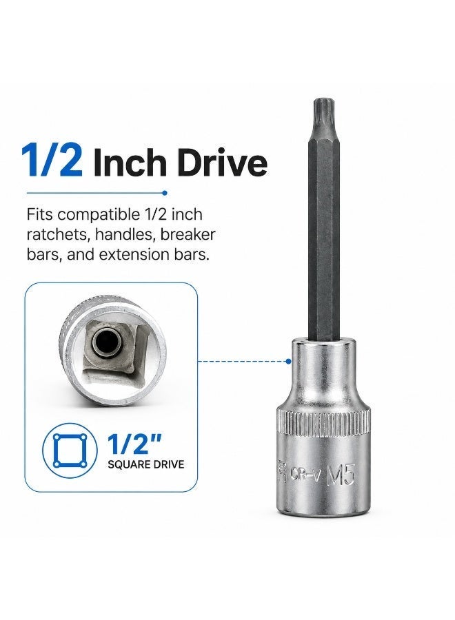 M5 Spline Bit Socket 1/2 Inch Drive, 4 Inch Long CR-V Metal Socket Tool For Ratchet, Car Repair, Workshop & DIY Maintenance - Image 2