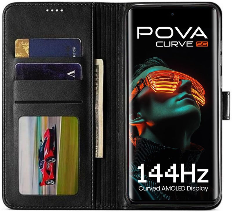 SHINESTAR Tecno Pova Curve 5G Flip Back Cover | PU Leather Flip Cover Wallet Case with TPU Silicone Case Back Cover for Tecno Pova Curve 5G - Classy Black - Image 3