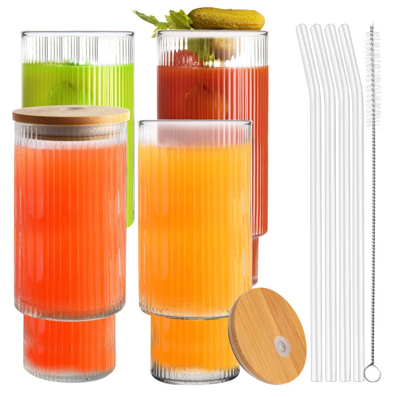 Vozoka Vozoka Ribbed Glasses 16 Oz Vintage Drinking Glasses with Lids and Straws Set of 4 Clear Fluted Glass Cup Reusable Iced Coffee Cups for Coffee Juice Beer Whiskey Cocktail