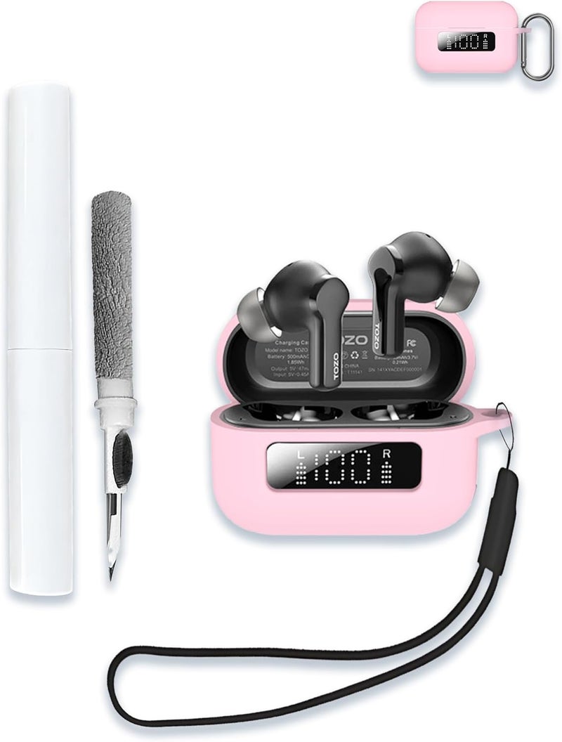 WUNIAK for TOZO NC3 Hybrid Active Noise Cancellation Bluetooth Earbuds Case,Soft Silicone Protective Portable Scratch Shock Resistant Shell with Cleaner Kit & Carabiner & Lanyard for TOZO NC3，Pink. - Image 1