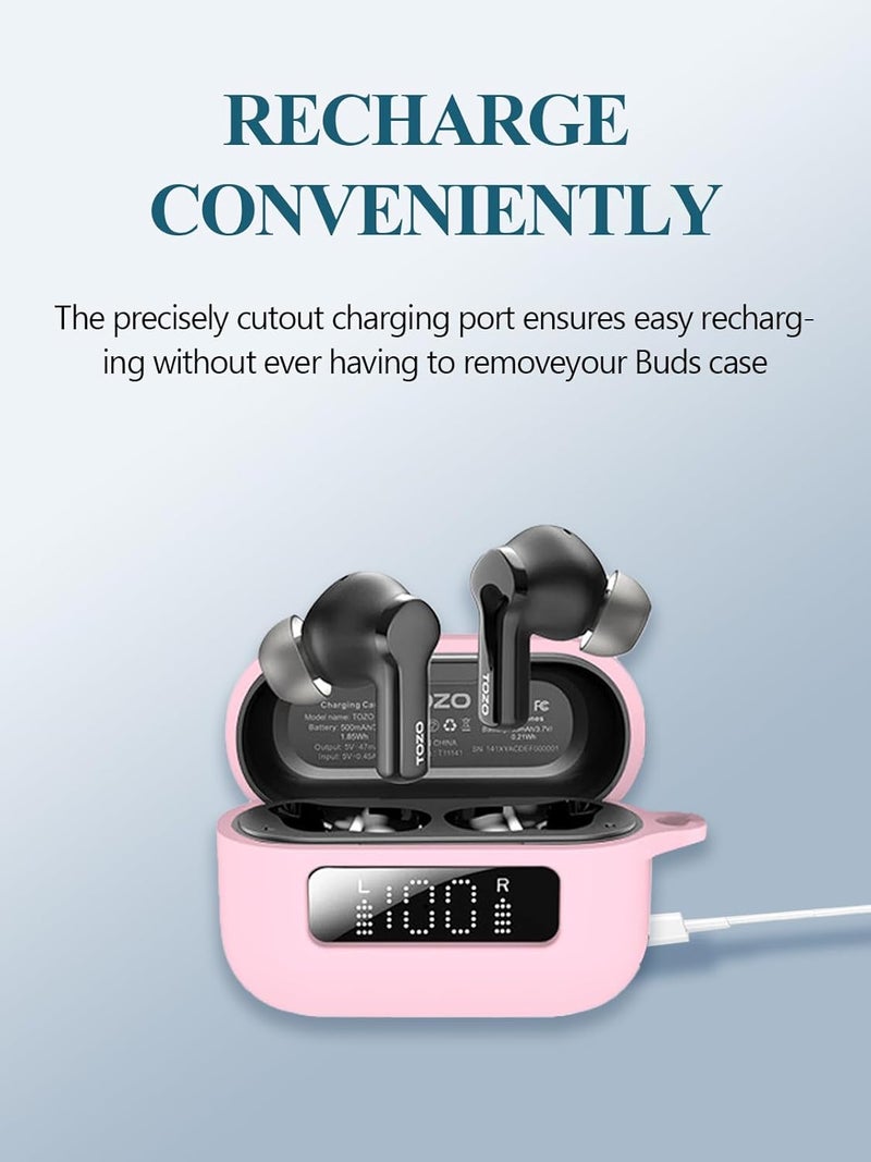 WUNIAK for TOZO NC3 Hybrid Active Noise Cancellation Bluetooth Earbuds Case,Soft Silicone Protective Portable Scratch Shock Resistant Shell with Cleaner Kit & Carabiner & Lanyard for TOZO NC3，Pink. - Image 4