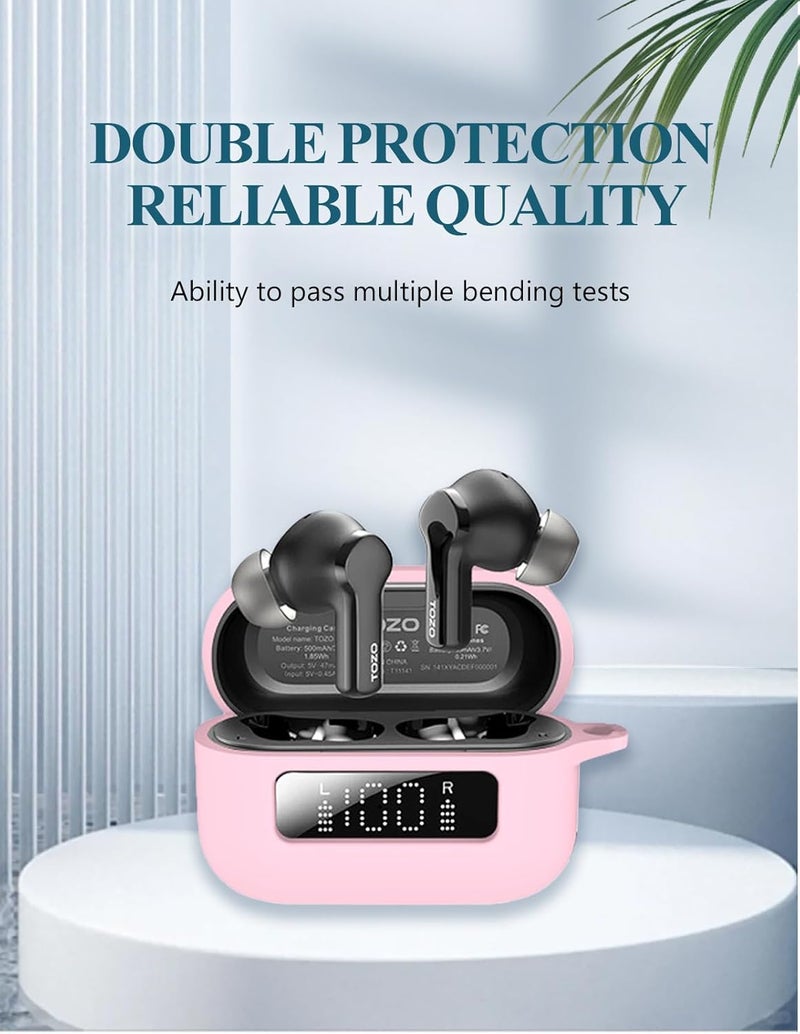 WUNIAK for TOZO NC3 Hybrid Active Noise Cancellation Bluetooth Earbuds Case,Soft Silicone Protective Portable Scratch Shock Resistant Shell with Cleaner Kit & Carabiner & Lanyard for TOZO NC3，Pink. - Image 3
