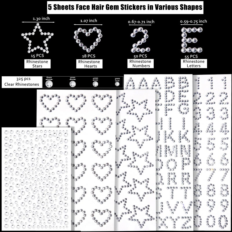 LOIKMIUP Hair Face Gems Jewels Self Adhesive Heart Numbers Letters Star Rhinestone Stickers, Stick on Rhinestones Stickers for Face, Hair, Makeup, Body, Crafts, Festival Decal Decor (5 Sheets, 463 Pcs) - Image 2