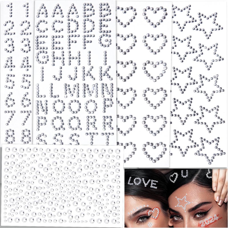 LOIKMIUP Hair Face Gems Jewels Self Adhesive Heart Numbers Letters Star Rhinestone Stickers, Stick on Rhinestones Stickers for Face, Hair, Makeup, Body, Crafts, Festival Decal Decor (5 Sheets, 463 Pcs) - Image 1