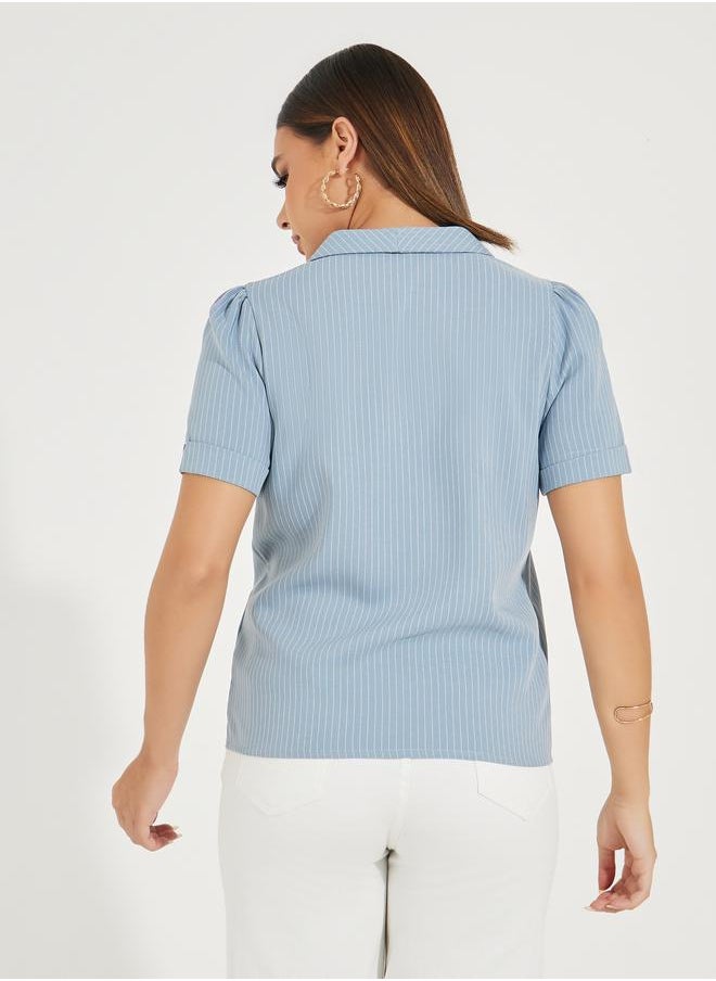 Styli Pinstriped Lapel Collar Wrap Top with Button Detail  - Image 4