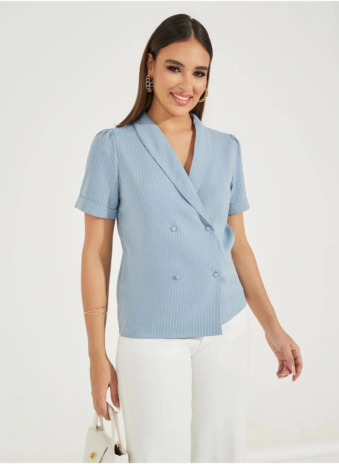 Styli Pinstriped Lapel Collar Wrap Top with Button Detail