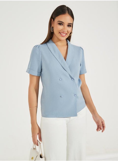 Pinstriped Lapel Collar Wrap Top with Button Detail
