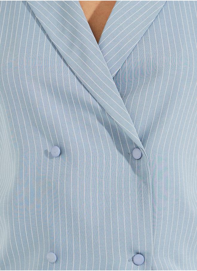 Styli Pinstriped Lapel Collar Wrap Top with Button Detail  - Image 3