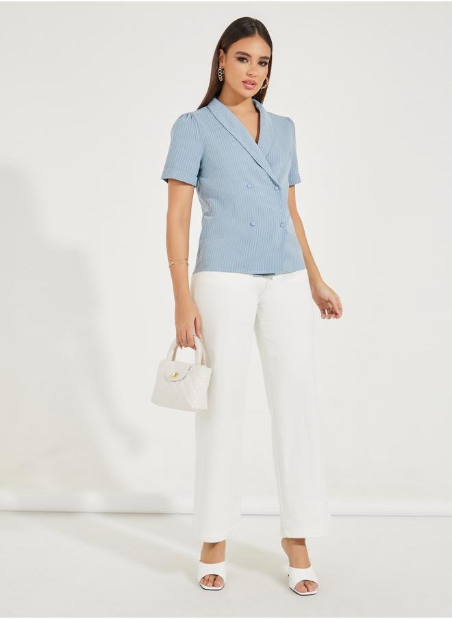 Styli Pinstriped Lapel Collar Wrap Top with Button Detail  - Image 2