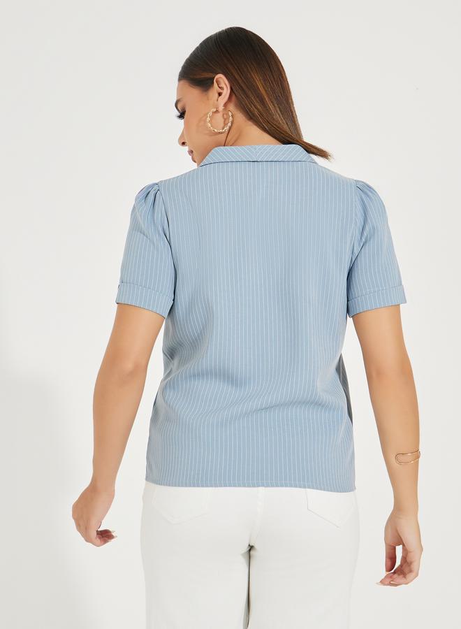 Styli Pinstriped Lapel Collar Wrap Top With Button Detail - Image 4