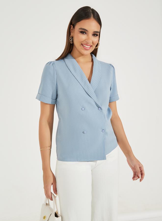 Styli Pinstriped Lapel Collar Wrap Top With Button Detail - Image 1