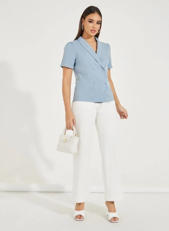 Styli Styli Pinstriped Lapel Collar Wrap Top With Button Detail