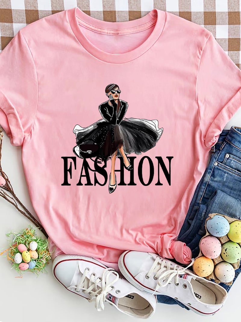 Independent Station Women'S Tops Round Neck Cartoon Printed Short-Sleeved T-Shirt-M - Image 1