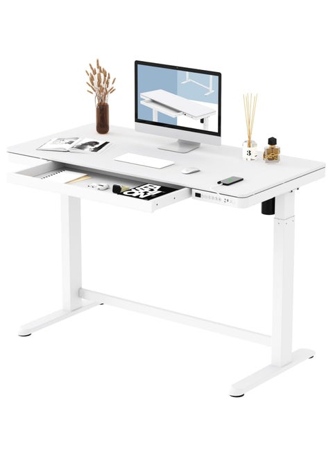 Mahmayi All-in-One Height Adjustable Standing Desk with USB Charging and Wooden Top - White