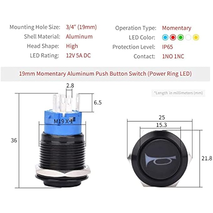 MAKINGTEC 19Mm 12V Momentary Speaker Horn Push Button Toggle Switch 34 Mounting Hole 1No 1Nc Spdt With PreWiring Socket For Car Auto Motor Aluminium Alloy Push Button Latching Switch BlueBlack Shell - Image 4