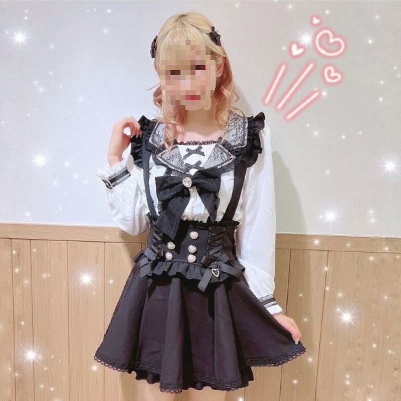 [Full] Japanese Lilei Ribbon Bow Strap Skirt Lolita Soft Girl Cute Skirt Black suspender skirt (not including shirt))