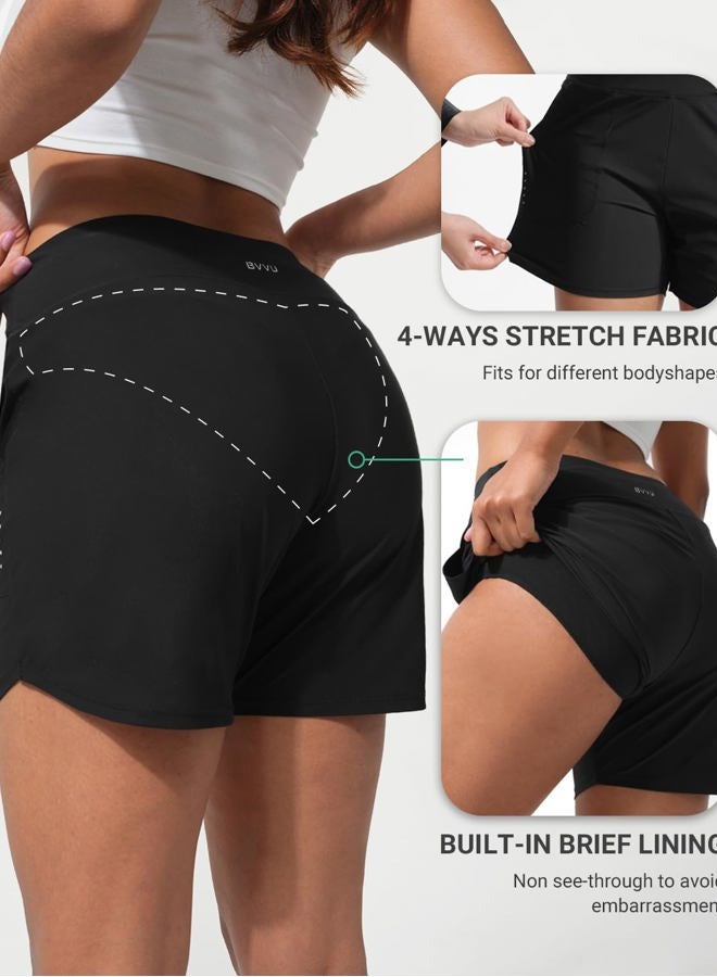 BVVU Women's 5 inch Swim Board Shorts Tummy Control Swimsuit Bottoms UPF50+ High Waisted Beach Shorts for Women with Liner Black - Image 2