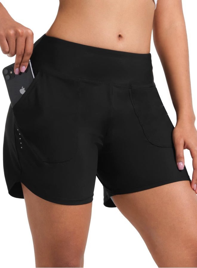BVVU Women's 5 inch Swim Board Shorts Tummy Control Swimsuit Bottoms UPF50+ High Waisted Beach Shorts for Women with Liner Black - Image 1