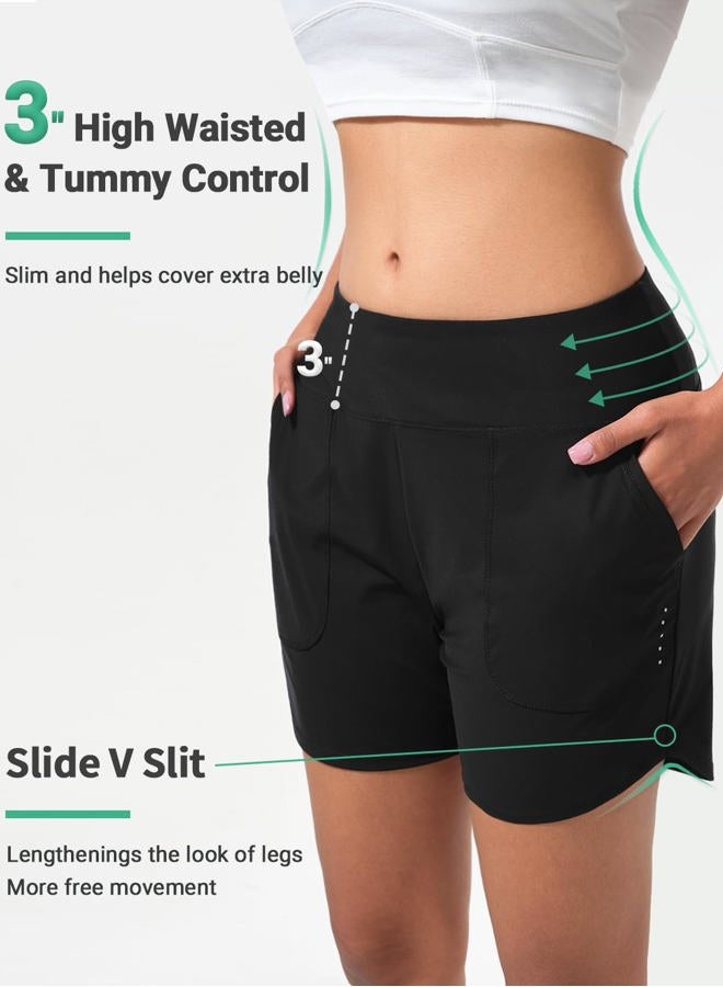 BVVU Women's 5 inch Swim Board Shorts Tummy Control Swimsuit Bottoms UPF50+ High Waisted Beach Shorts for Women with Liner Black - Image 4