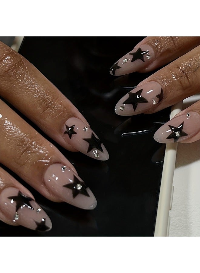 24pcs Nude Pink Almond Fake Nails, Black Star Press On Nails With Rhinestone Design, Glossy Full Cover False Nails For Women And Girls, Halloween Nails - Image 1