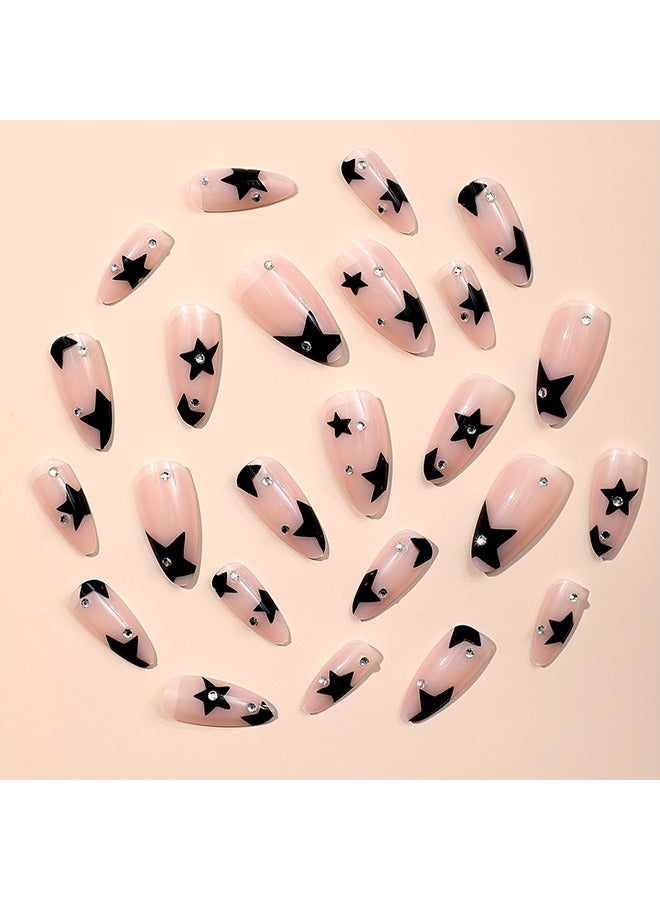 24pcs Nude Pink Almond Fake Nails, Black Star Press On Nails With Rhinestone Design, Glossy Full Cover False Nails For Women And Girls, Halloween Nails - Image 2