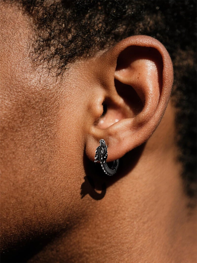U7 Dragon Earrings Silver Mens Hoop Earrings, Stainless Steel Punk Rock Huggie Earrings for Men - Image 2
