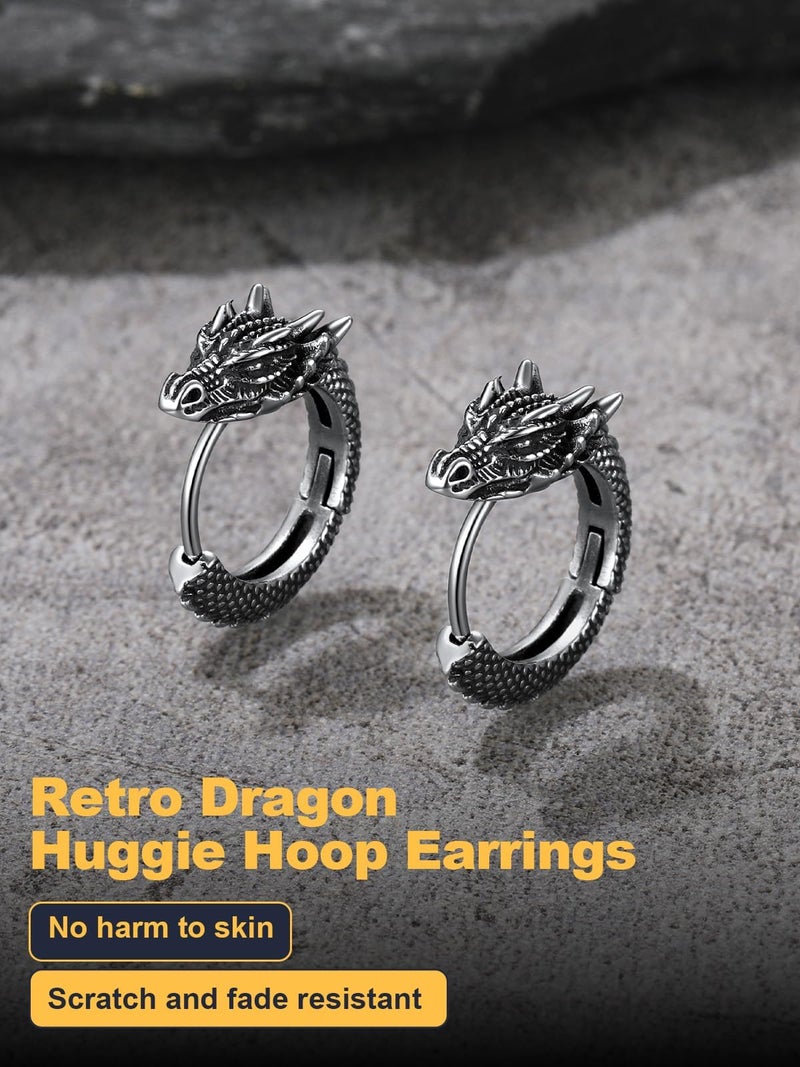 U7 Dragon Earrings Silver Mens Hoop Earrings, Stainless Steel Punk Rock Huggie Earrings for Men - Image 4