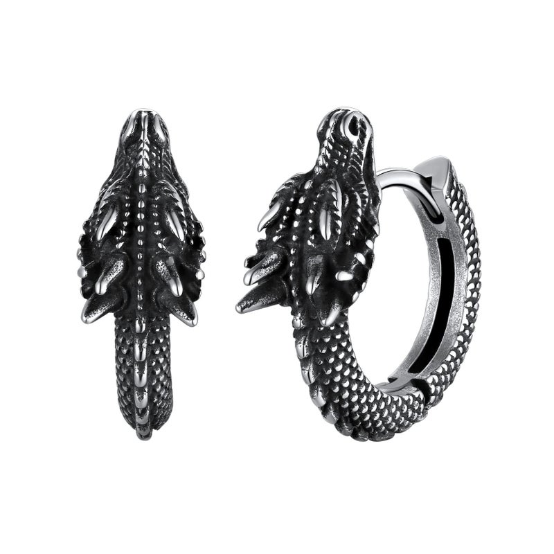 U7 Dragon Earrings Silver Mens Hoop Earrings, Stainless Steel Punk Rock Huggie Earrings for Men - Image 1