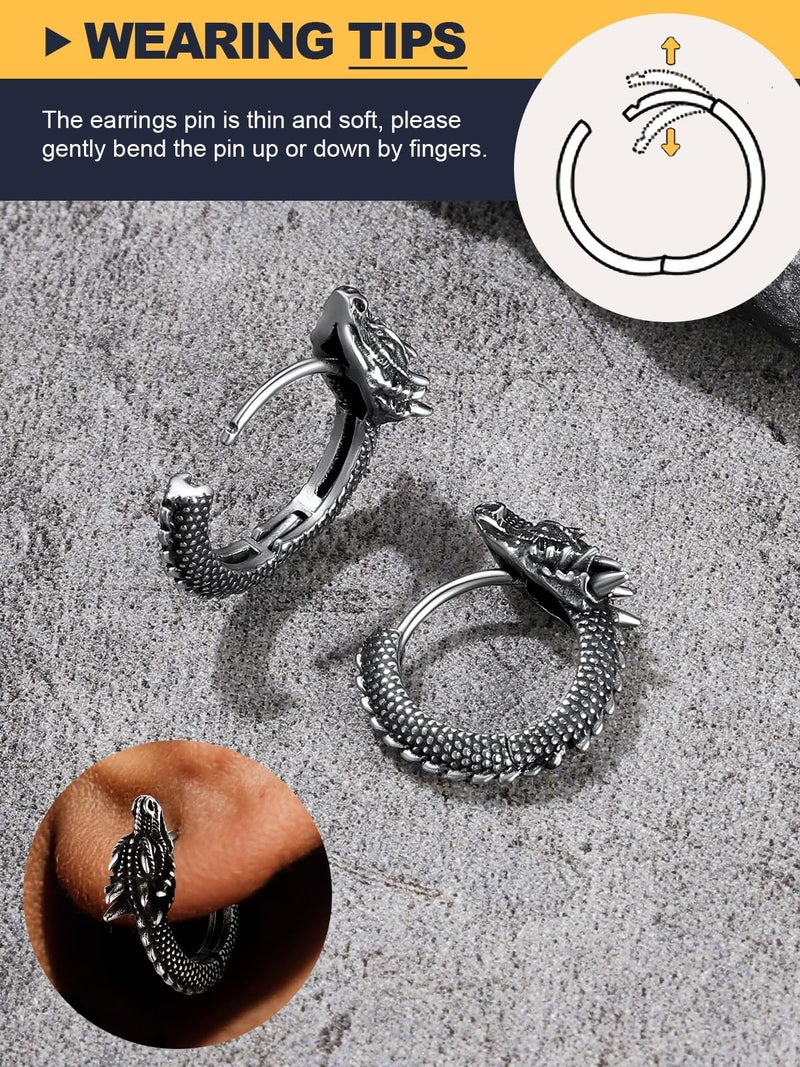 U7 Dragon Earrings Silver Mens Hoop Earrings, Stainless Steel Punk Rock Huggie Earrings for Men - Image 5