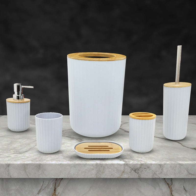iBell 6-Piece Bathroom Accessories Set - Includes Soap Dispenser, Toothbrush Holder, Mouthwash Cup, Toilet Brush with Holder, Dustbin, and Soap Dish - Elegant White - Image 1
