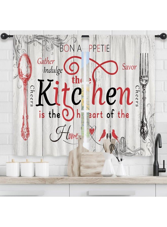 Riyidecor Red White Rustic Farmhouse Kitchen Curtains Vintage Country Wooden Plank Board Fork and Spoon Retro Wood Rod Pocket Funny Quotes Bedroom Living Room Treatment Fabric 2 Panels 27.5Wx39H Inch - Image 3