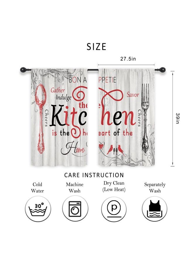 Riyidecor Red White Rustic Farmhouse Kitchen Curtains Vintage Country Wooden Plank Board Fork and Spoon Retro Wood Rod Pocket Funny Quotes Bedroom Living Room Treatment Fabric 2 Panels 27.5Wx39H Inch - Image 2