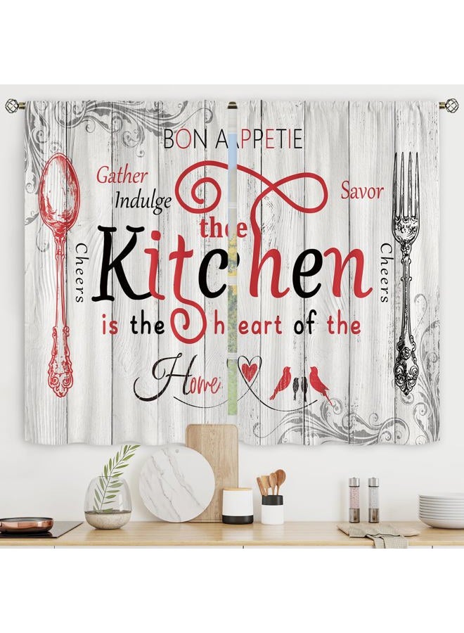 Riyidecor Red White Rustic Farmhouse Kitchen Curtains Vintage Country Wooden Plank Board Fork and Spoon Retro Wood Rod Pocket Funny Quotes Bedroom Living Room Treatment Fabric 2 Panels 27.5Wx39H Inch - Image 1