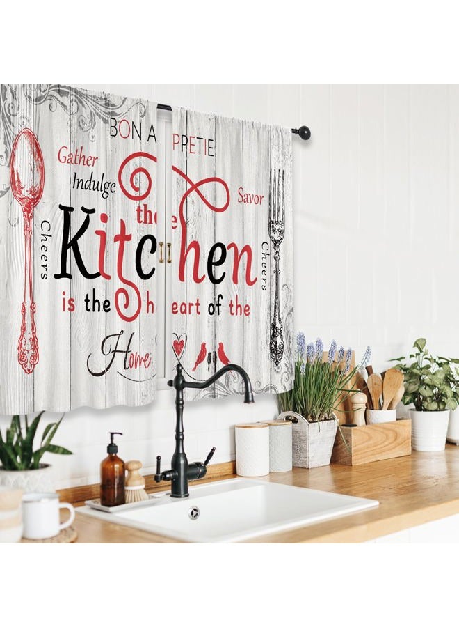 Riyidecor Red White Rustic Farmhouse Kitchen Curtains Vintage Country Wooden Plank Board Fork and Spoon Retro Wood Rod Pocket Funny Quotes Bedroom Living Room Treatment Fabric 2 Panels 27.5Wx39H Inch - Image 4