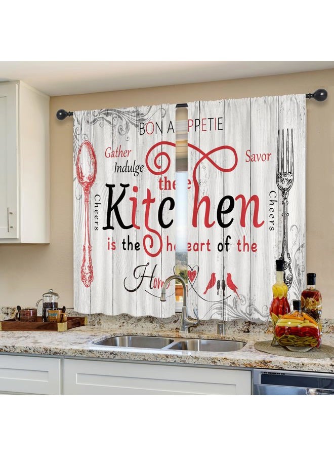 Riyidecor Red White Rustic Farmhouse Kitchen Curtains Vintage Country Wooden Plank Board Fork and Spoon Retro Wood Rod Pocket Funny Quotes Bedroom Living Room Treatment Fabric 2 Panels 27.5Wx39H Inch - Image 5