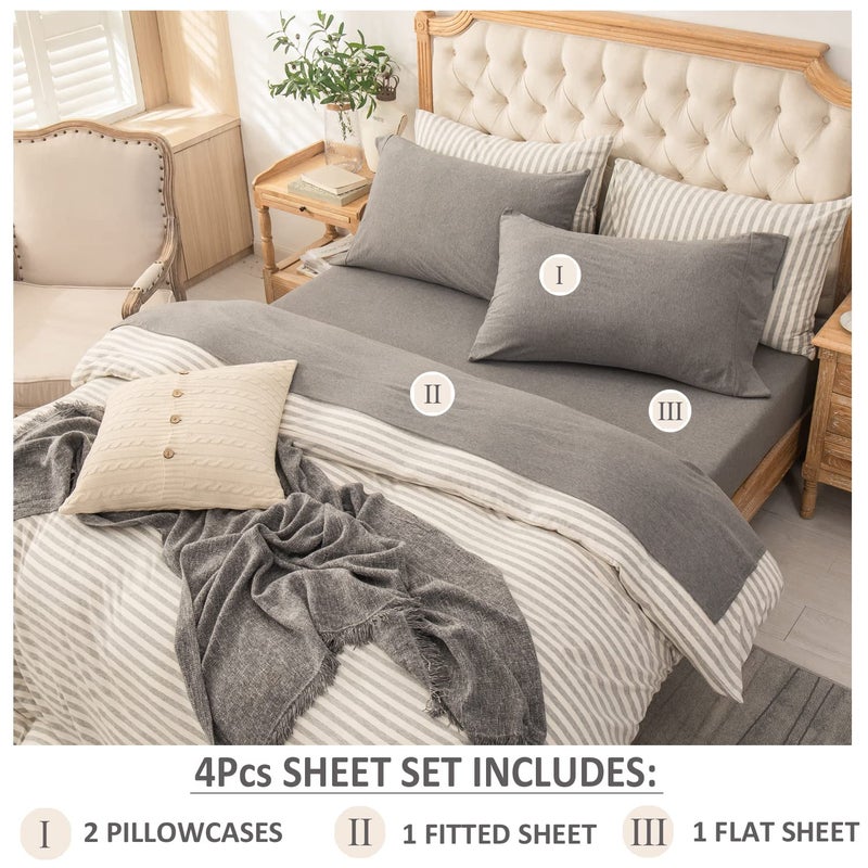 PURE ERA PURE ERA Jersey Knit 4pc Bed Sheet Set 100% T-Shirt Heather Cotton Super Soft Comfy Breathable Fits Mattress Up to 20"" Extra Deep Pocket (Heather Dark Grey  Queen)  - Image 2