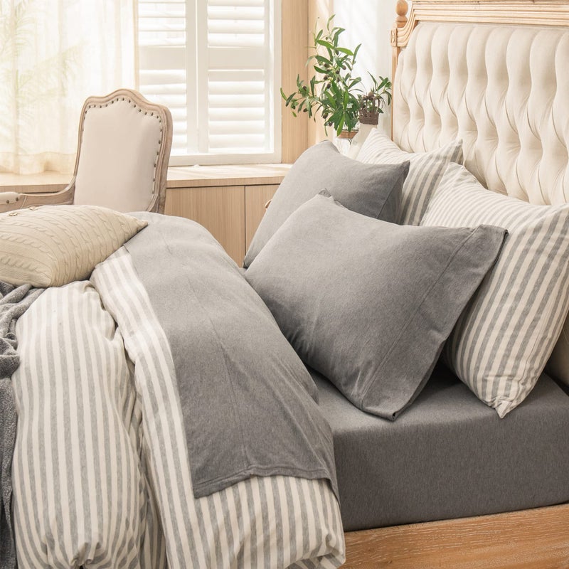 PURE ERA PURE ERA Jersey Knit 4pc Bed Sheet Set 100% T-Shirt Heather Cotton Super Soft Comfy Breathable Fits Mattress Up to 20"" Extra Deep Pocket (Heather Dark Grey  Queen)  - Image 1