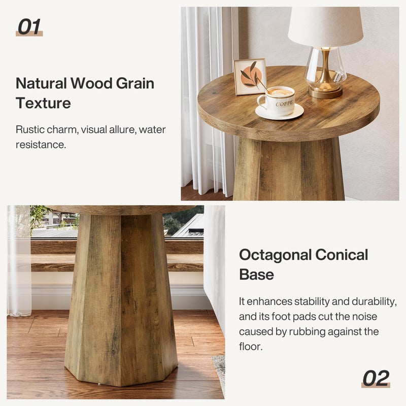 Tribesigns Farmhouse Round End Table, Wooden Couch Side Table with Octagonal Base, Rustic Brown Nightstand Pedestal Accent Furniture for Living Room, Bedroom (1) - Image 4