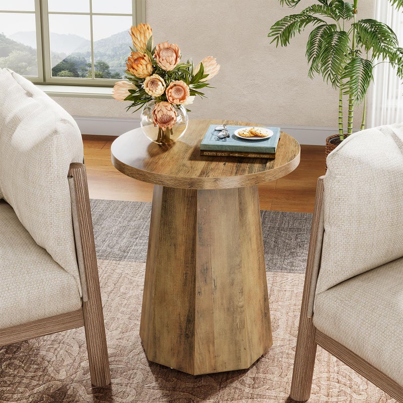 Tribesigns Farmhouse Round End Table, Wooden Couch Side Table with Octagonal Base, Rustic Brown Nightstand Pedestal Accent Furniture for Living Room, Bedroom (1) - Image 2