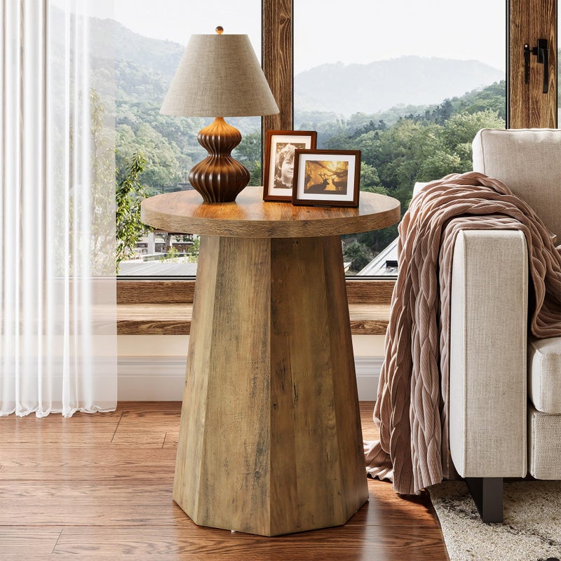 Tribesigns Farmhouse Round End Table, Wooden Couch Side Table with Octagonal Base, Rustic Brown Nightstand Pedestal Accent Furniture for Living Room, Bedroom (1) - Image 1