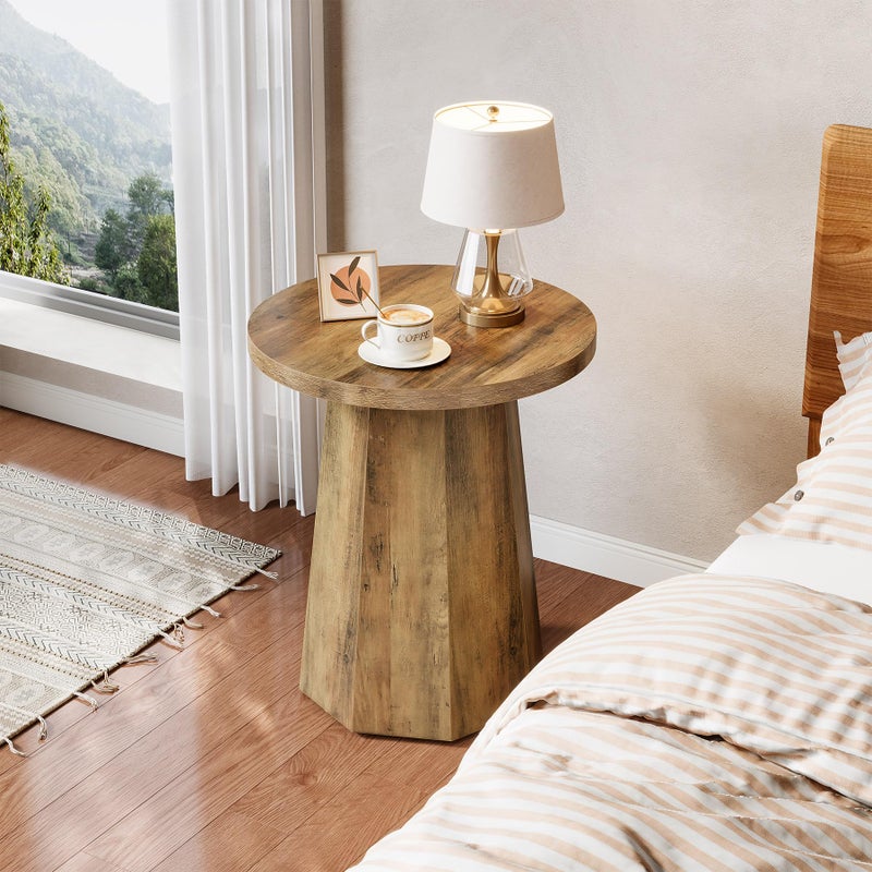 Tribesigns Farmhouse Round End Table, Wooden Couch Side Table with Octagonal Base, Rustic Brown Nightstand Pedestal Accent Furniture for Living Room, Bedroom (1) - Image 5