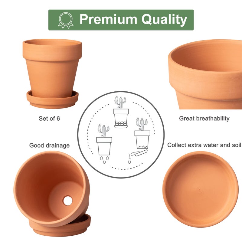Orceler 4 Inch Terracotta Pots with Saucer - 6 Pack Small Clay Plant Pots with Drainage Holes, Flower Pots with Tray, Terra Cotta Pots for Indoor Outdoor Plants, Crafts, Wedding Favor - Image 3