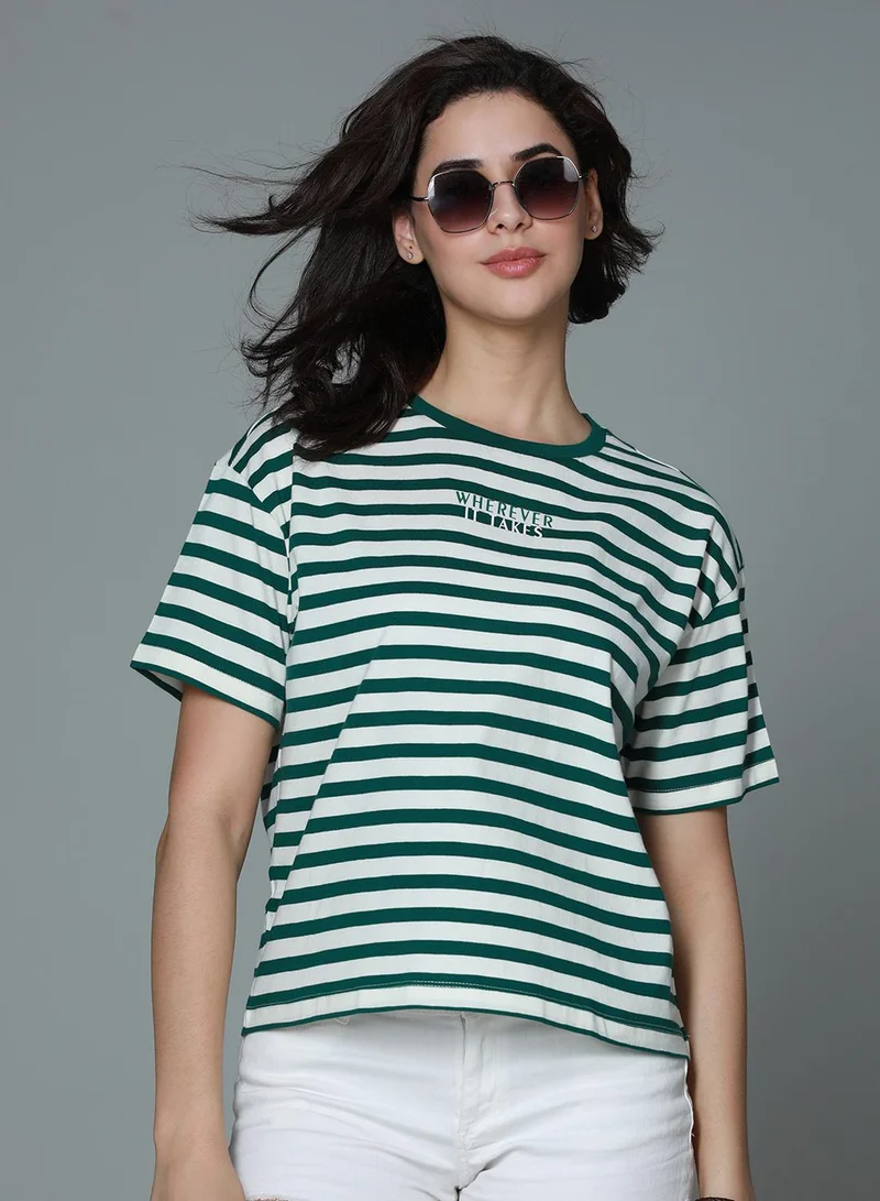 هاي ستار Women's Green 100% Cotton Striped Boxy T-Shirt
