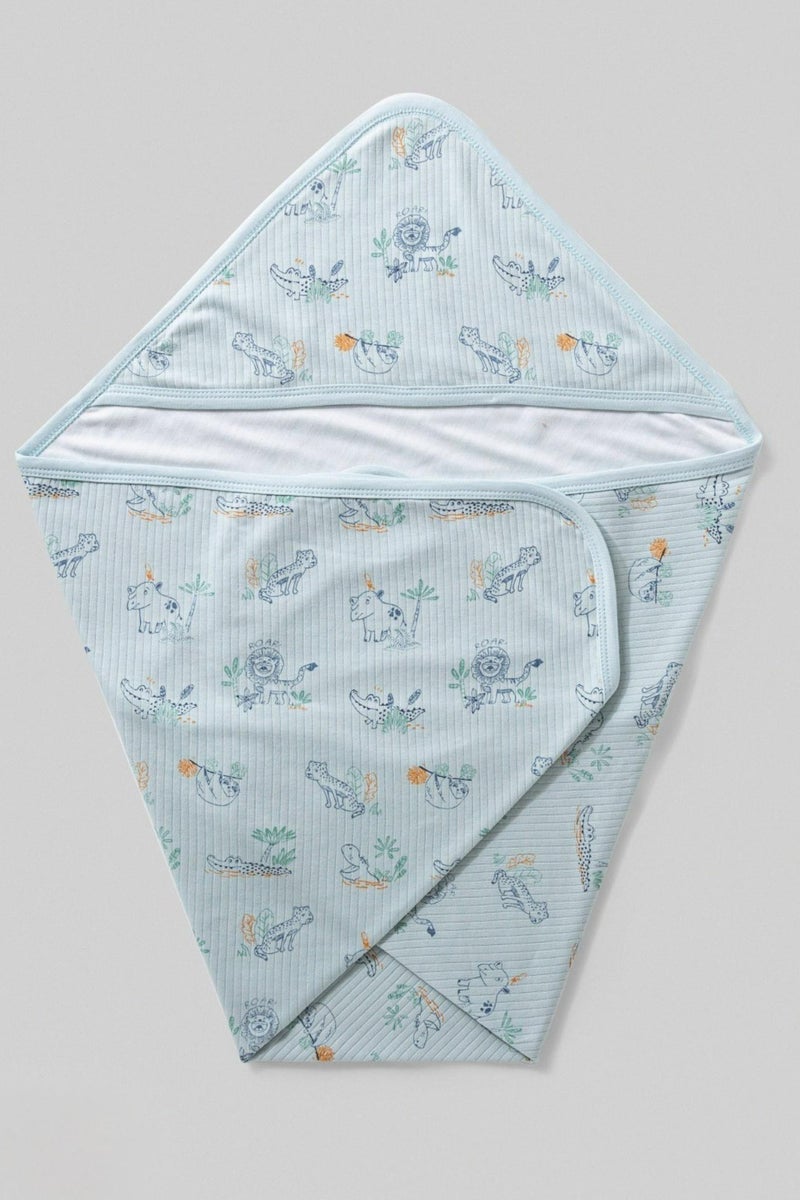 full moon 1 Baby Hooded Blanket Towel, Swaddle with Animal Print, Light Blue, Cotton