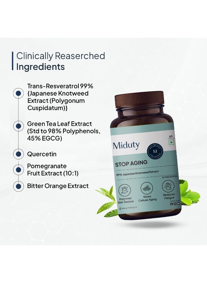 Miduty Stop Aging Trans Resveratrol 99% | Anti Aging Formula with Japanese Knotweed, Quercetin, Green Tea & Pomegranate | Antioxidants for Fine Lines, Wrinkles & Skin Texture | 60 Capsules - Image 4