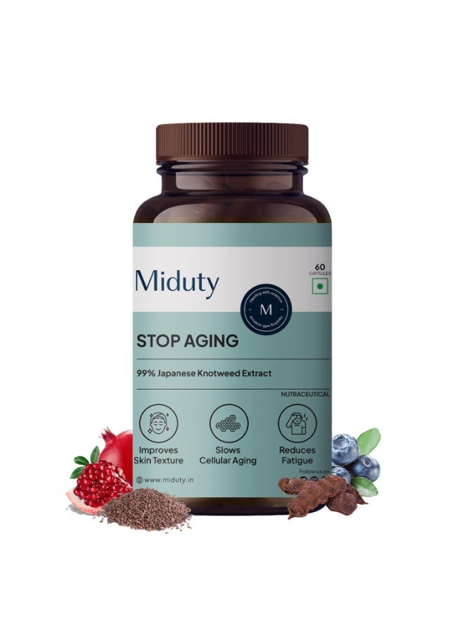 Miduty Stop Aging Trans Resveratrol 99% | Anti Aging Formula with Japanese Knotweed, Quercetin, Green Tea & Pomegranate | Antioxidants for Fine Lines, Wrinkles & Skin Texture | 60 Capsules - Image 1