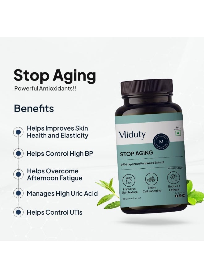 Miduty Stop Aging Trans Resveratrol 99% | Anti Aging Formula with Japanese Knotweed, Quercetin, Green Tea & Pomegranate | Antioxidants for Fine Lines, Wrinkles & Skin Texture | 60 Capsules - Image 2