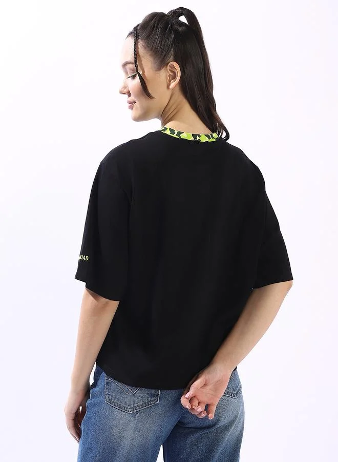 هاي ستار Women's Black 100% Cotton Solid Oversized T-Shirt